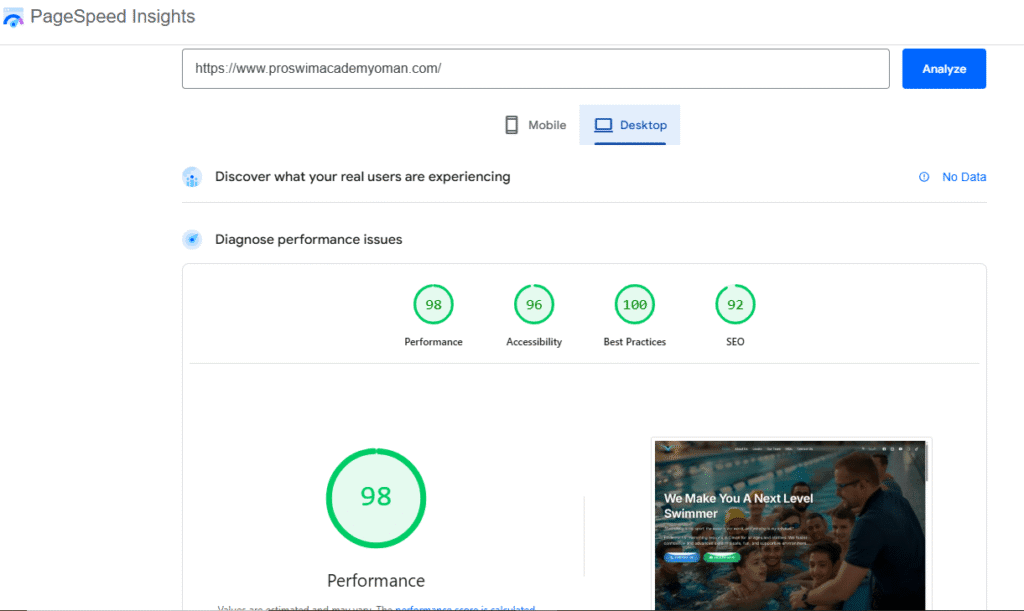 Pro Swim Page Speed Desktop